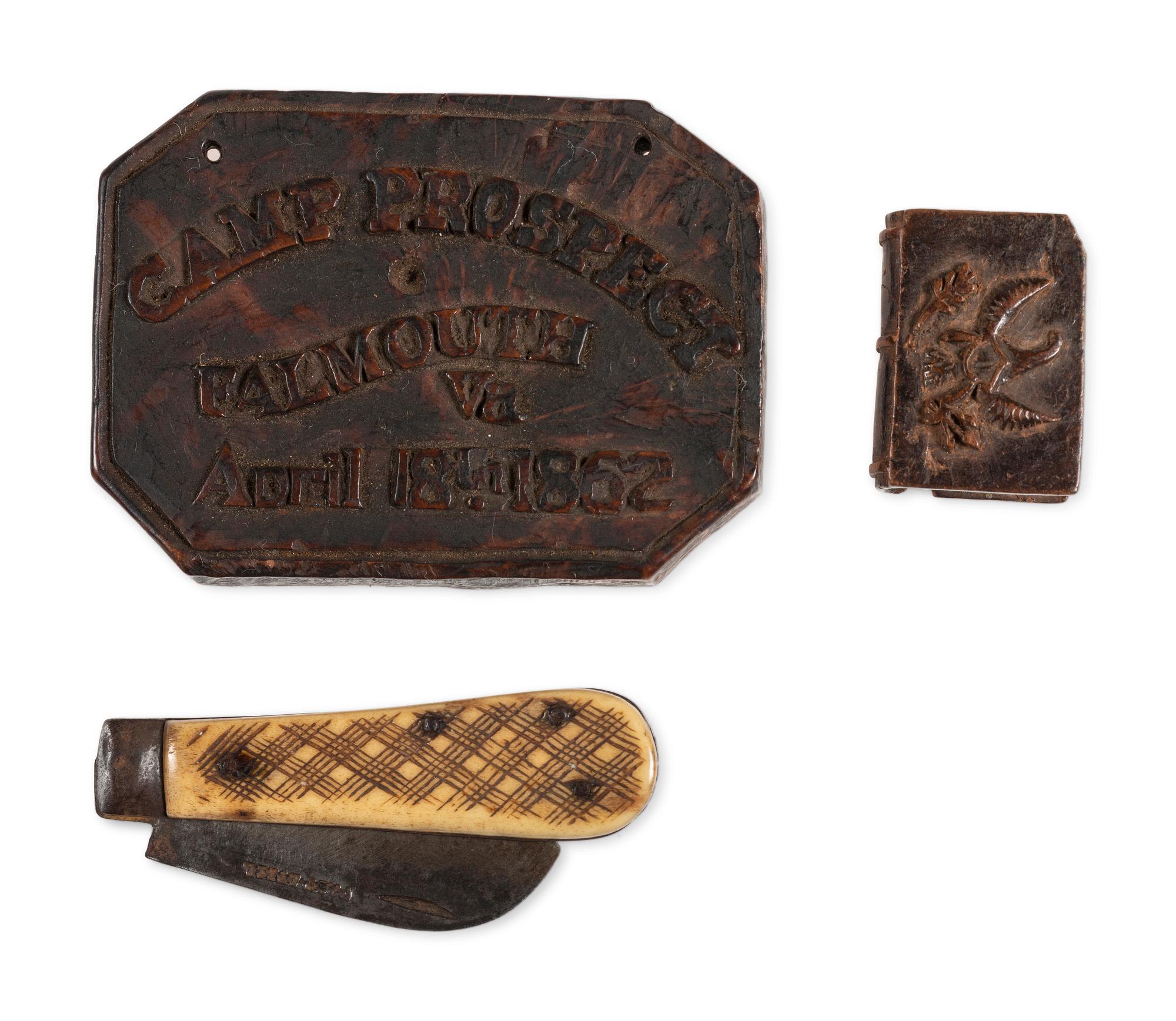 A group of 3 items, incl. Civil War soldier's folk art wood carving from Camp Falmouth, Virginia. 1862.