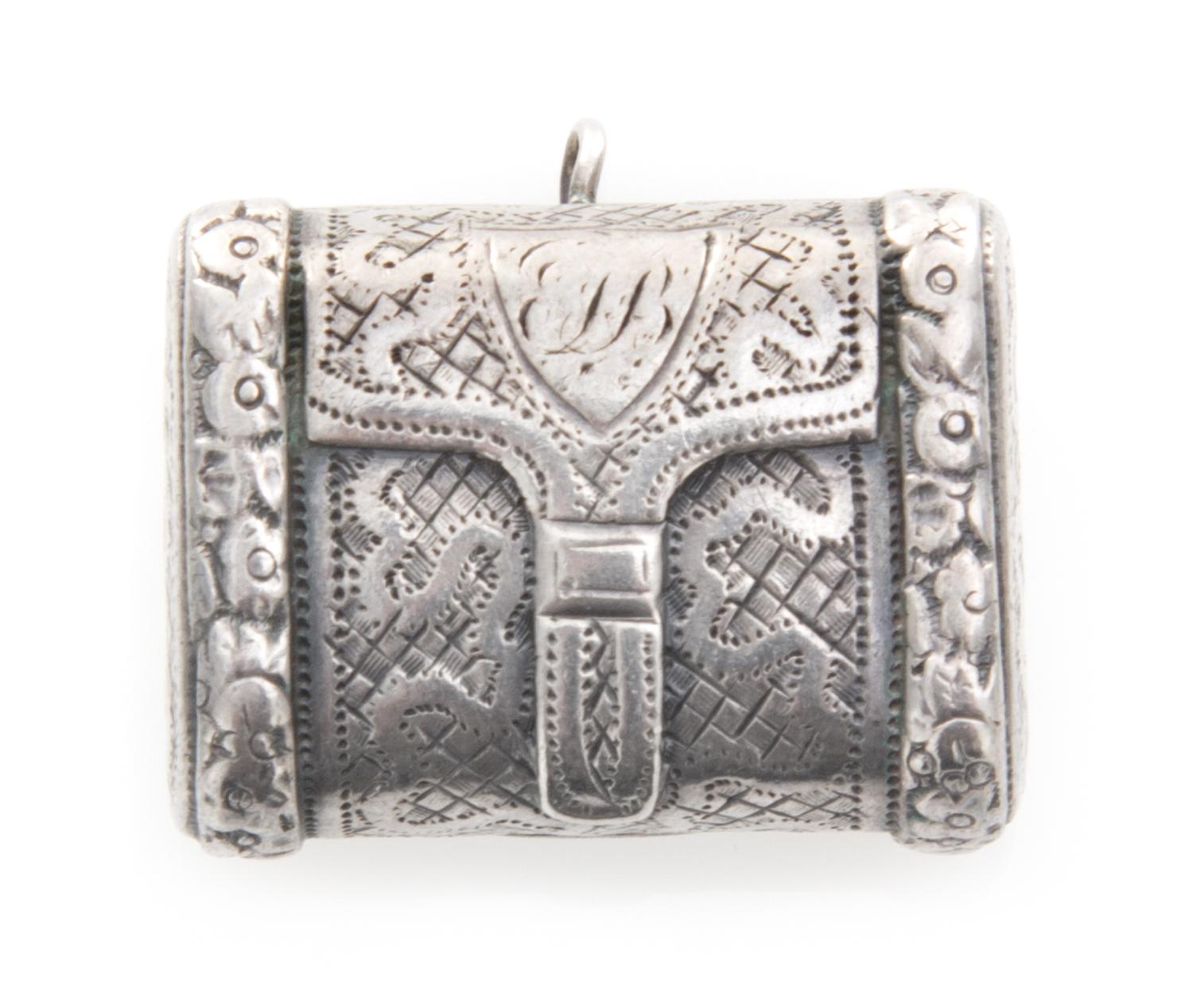 A George III Silver Vinaigrette, Likely John Shaw, Birmingham, 1793, the case worked to appear as a satchel with floral decorated borde
