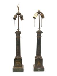 A Pair of Regency Style Ebonized and Gilt Tole Table Lamps
