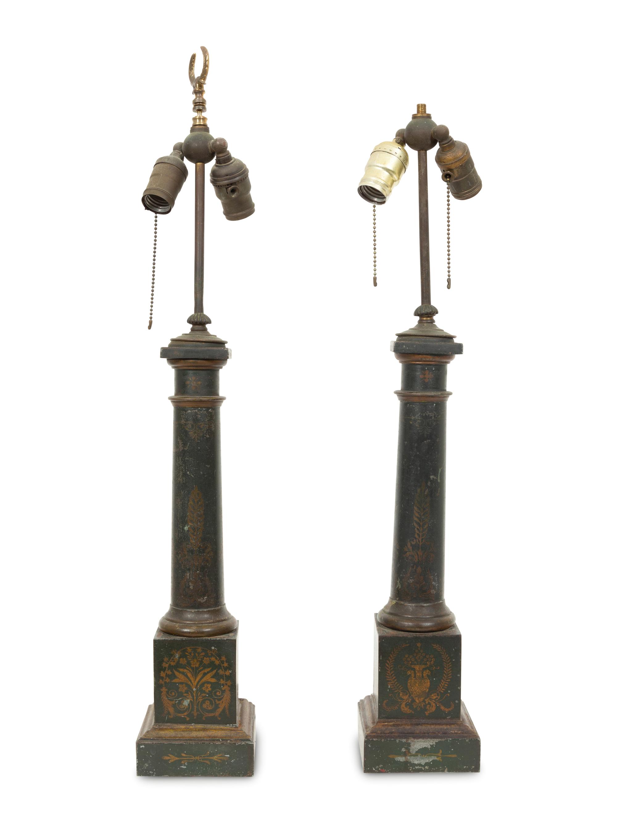 A Pair of Regency Style Ebonized and Gilt Tole Table Lamps