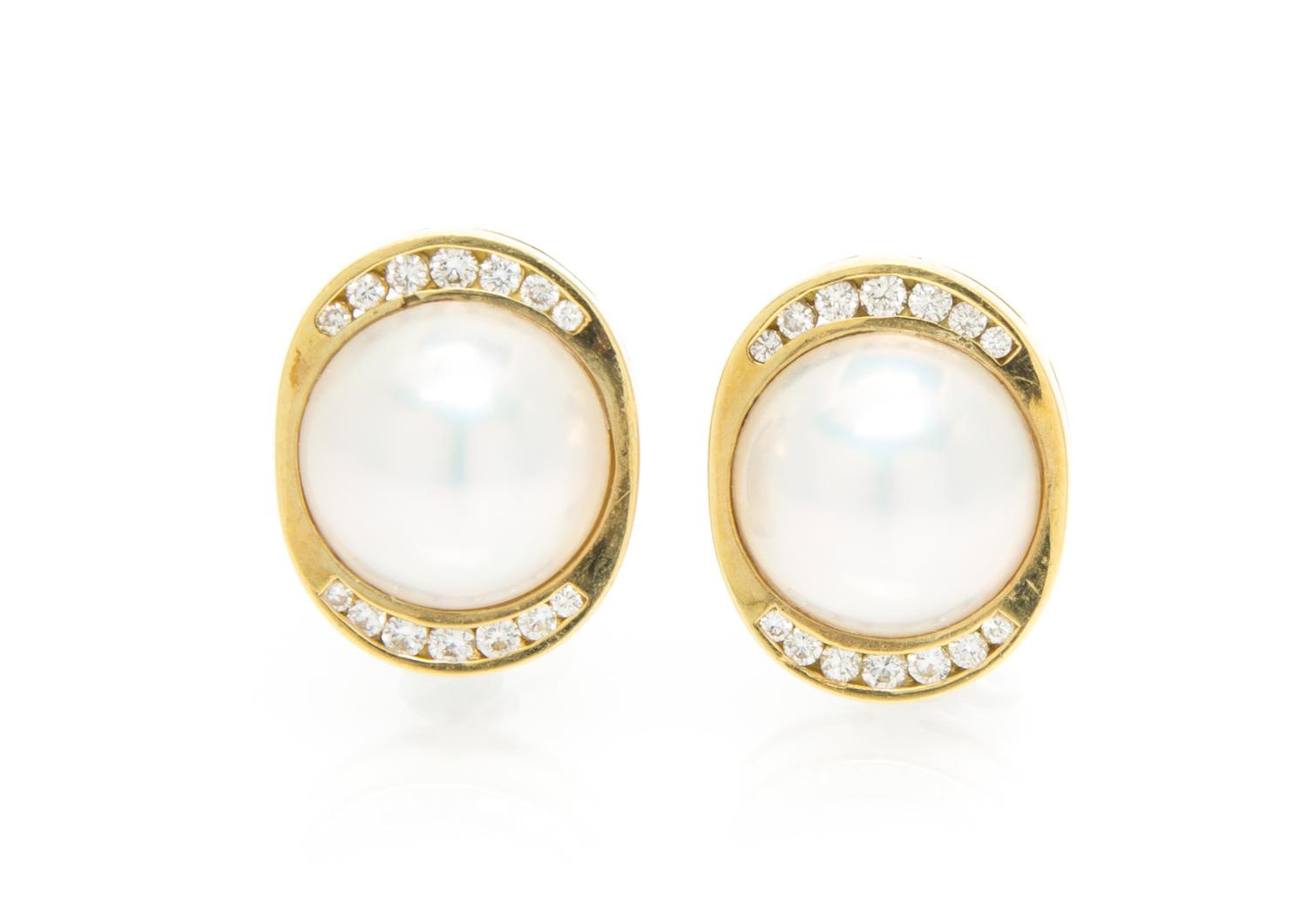 A Pair of 18 Karat Yellow Gold, Diamond and Mabe Pearl Earclips, La Triomphe, 11.30 dwts.