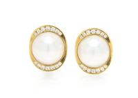A Pair of 18 Karat Yellow Gold, Diamond and Mabe Pearl Earclips, La Triomphe, 11.30 dwts.