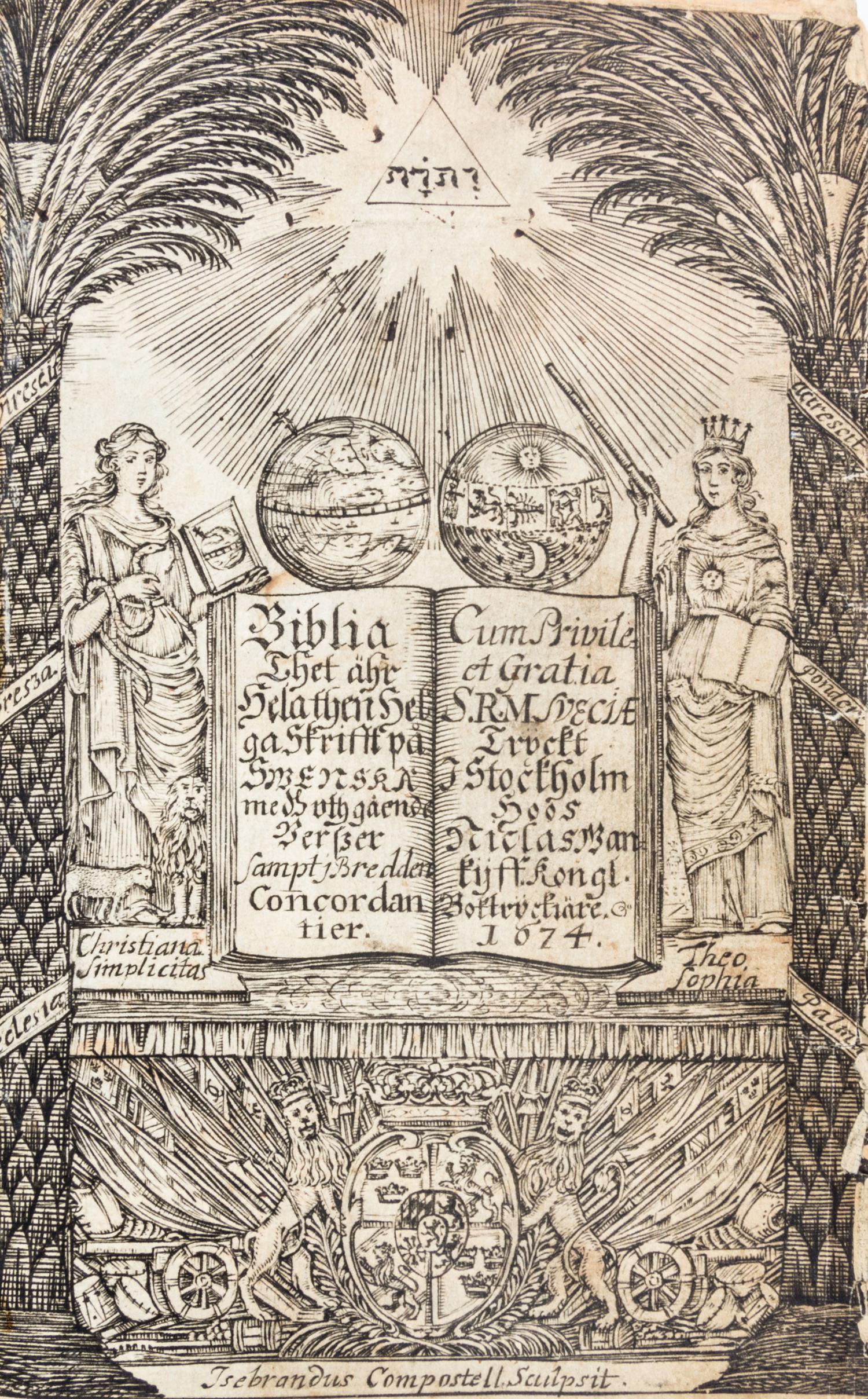 (BIBLE, SWEDISH) Biblia. Thet ar. Stockholm, 1674. First edition. Complete with an engraved title page by Isebrandus Compostell.