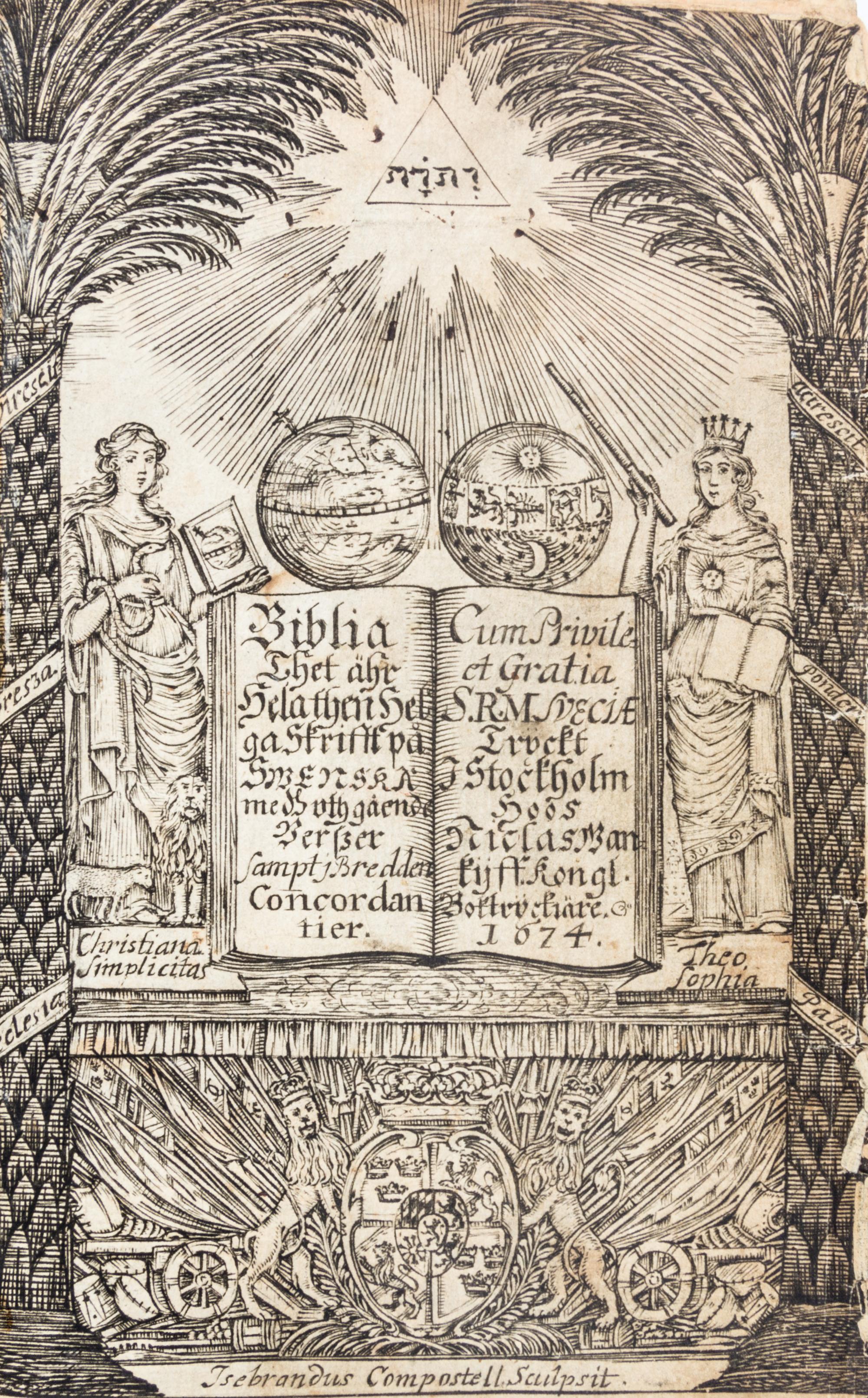 (BIBLE, SWEDISH) Biblia. Thet ar. Stockholm, 1674. First edition. Complete with an engraved title page by Isebrandus Compostell.