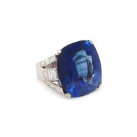 FRENCH, SYNTHETIC SAPPHIRE AND DIAMOND RING
