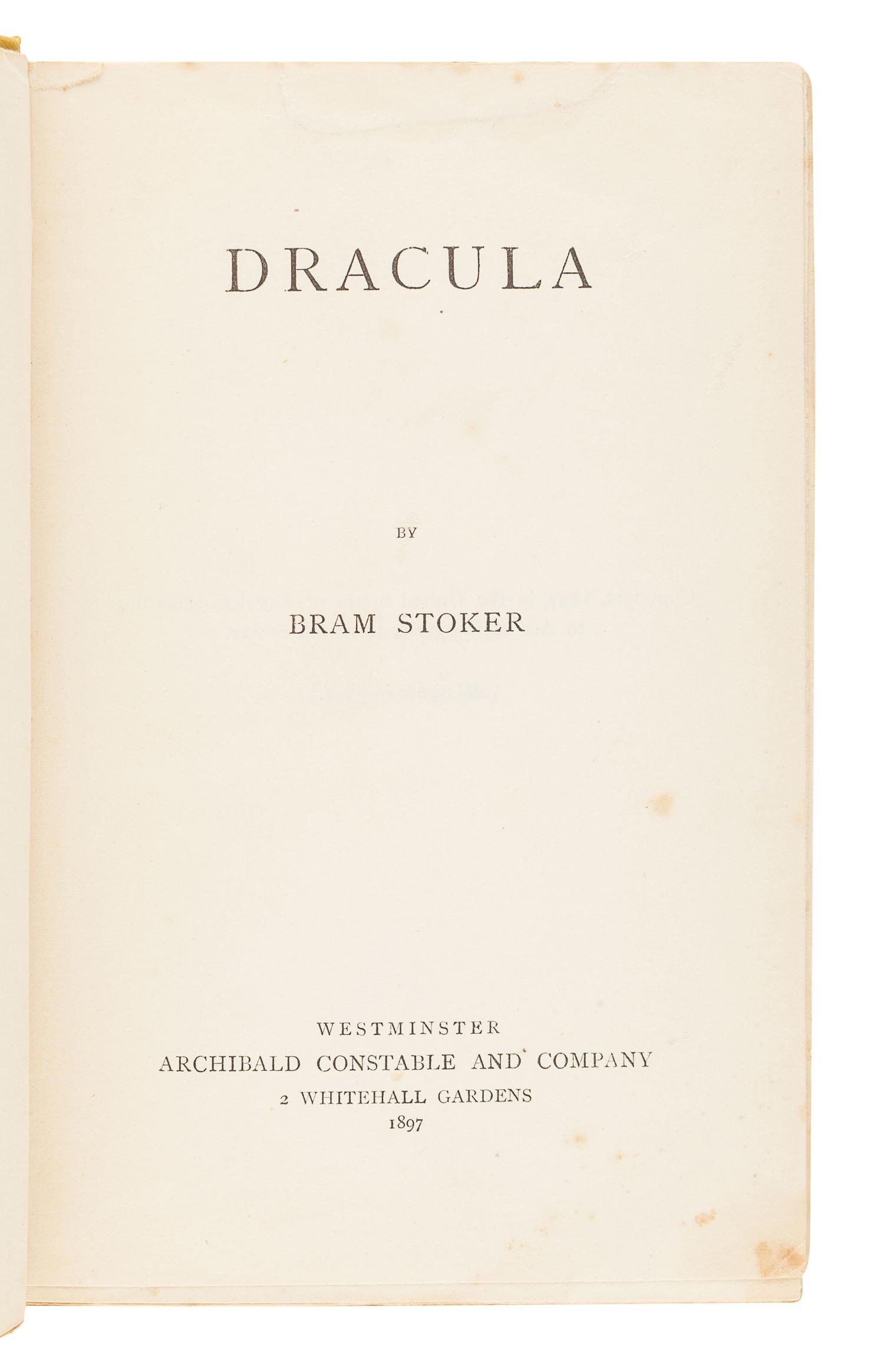 STOKER, Bram (1847-1912). Dracula . Westminster: Archibald Constable and Company, 1897.