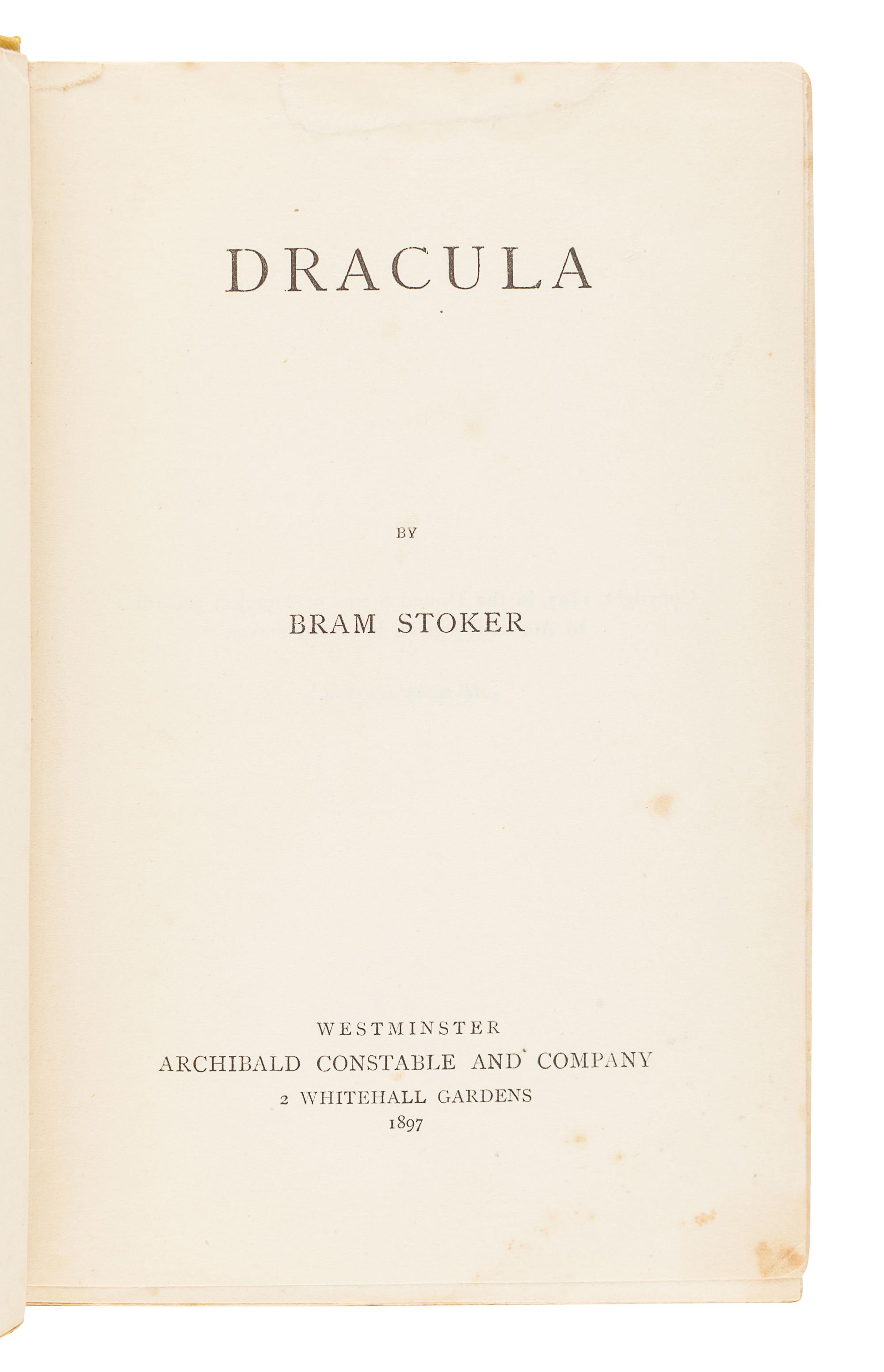 STOKER, Bram (1847-1912). Dracula . Westminster: Archibald Constable and Company, 1897.