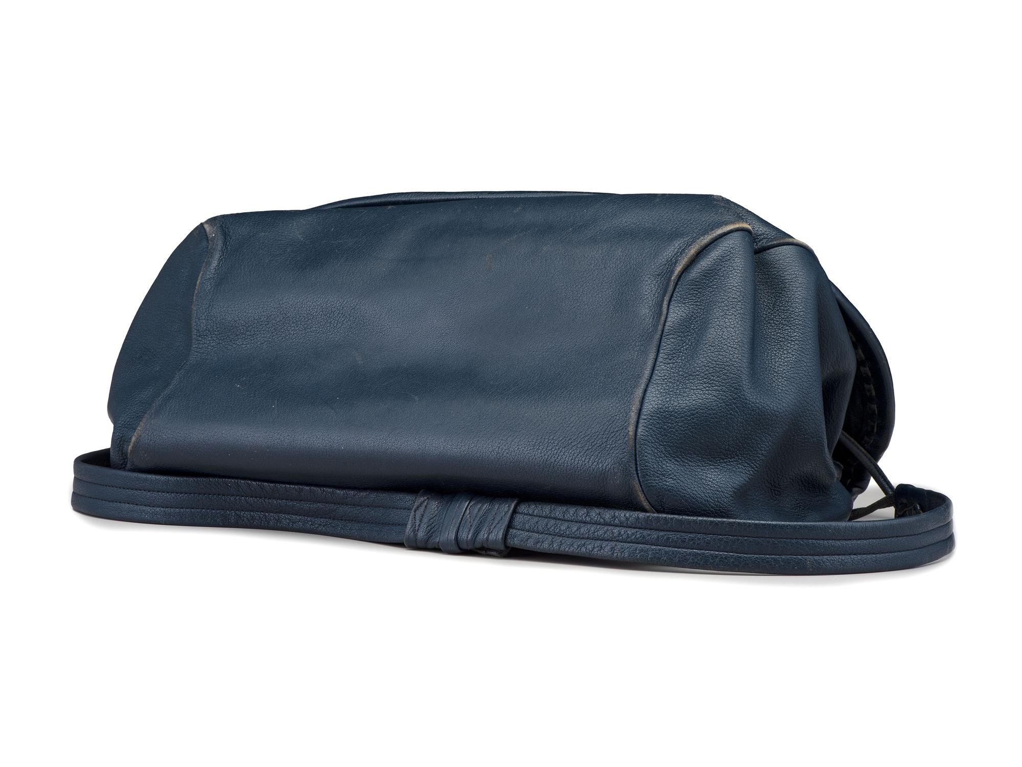 Large Navy Blue Drawstring Purse, with Sand Cast Silver Decoration