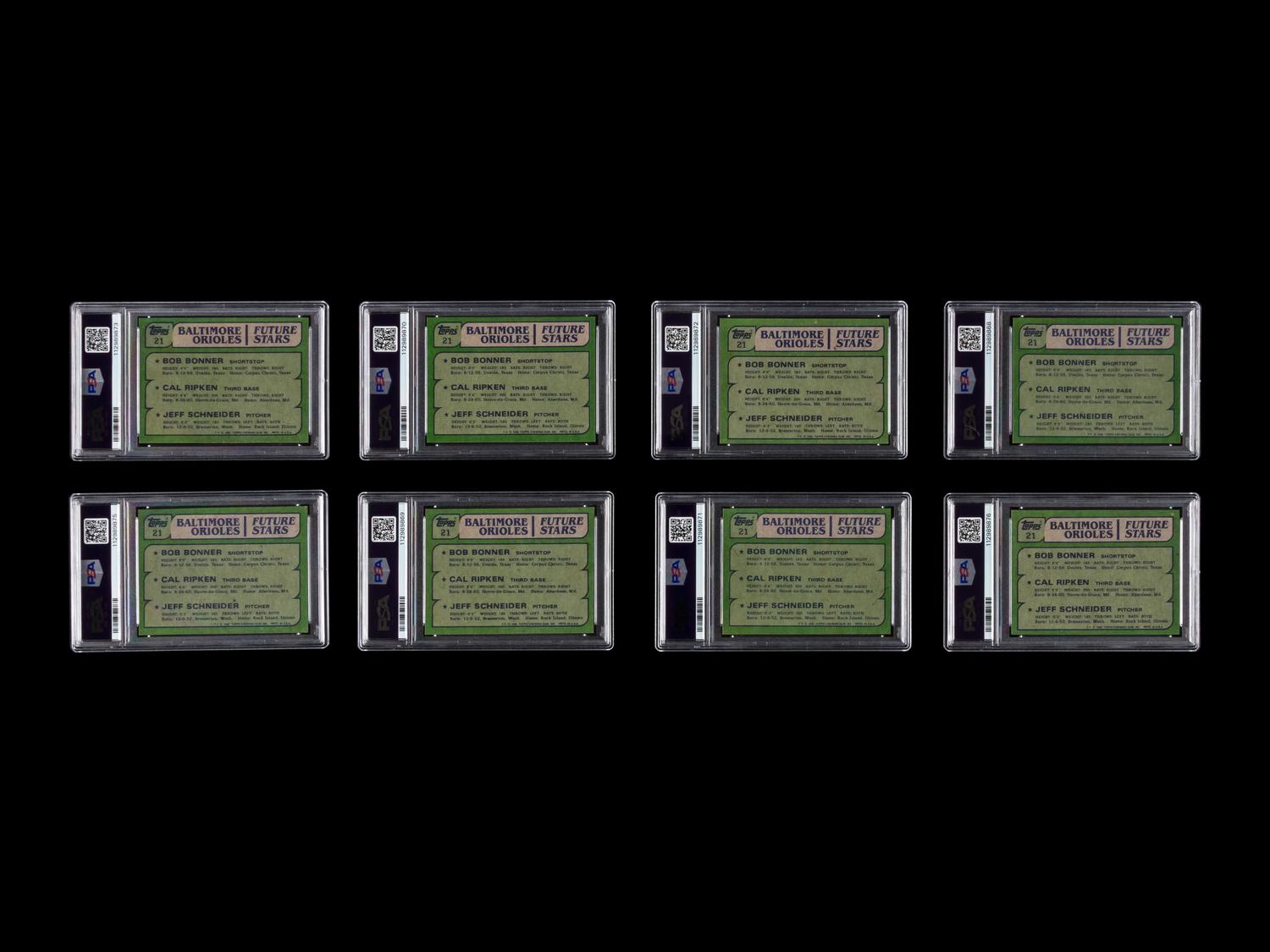 A Collection of Eight 1982 Topps Cal Ripken Jr. Rookie Baseball Cards No. 21 (PSA 9 x2; PSA 8 x2; PSA 7 x2; PSA 6 x2)