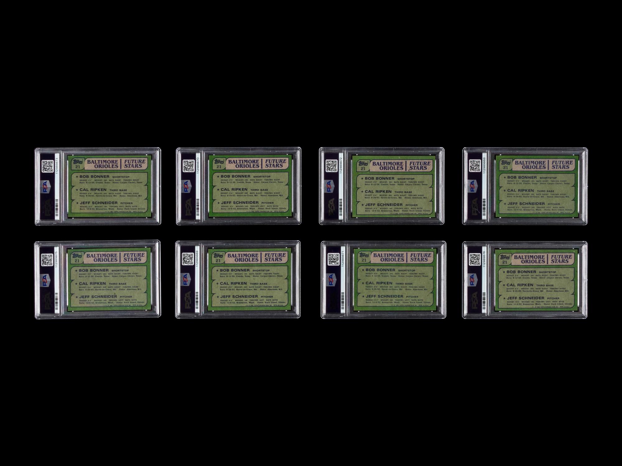 A Collection of Eight 1982 Topps Cal Ripken Jr. Rookie Baseball Cards No. 21 (PSA 9 x2; PSA 8 x2; PSA 7 x2; PSA 6 x2)