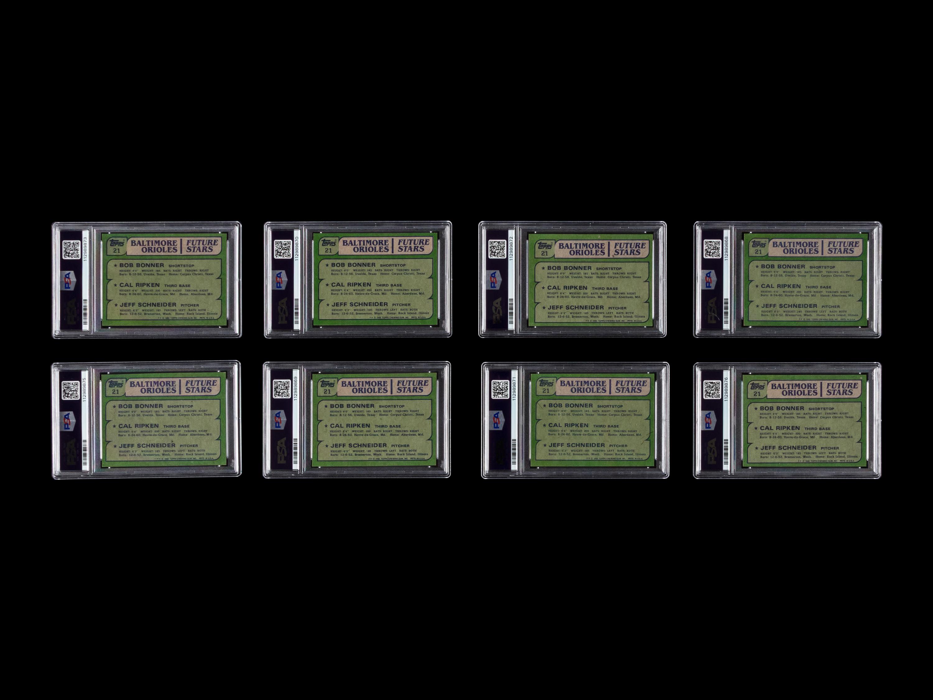 A Collection of Eight 1982 Topps Cal Ripken Jr. Rookie Baseball Cards No. 21 (PSA 9 x2; PSA 8 x2; PSA 7 x2; PSA 6 x2)