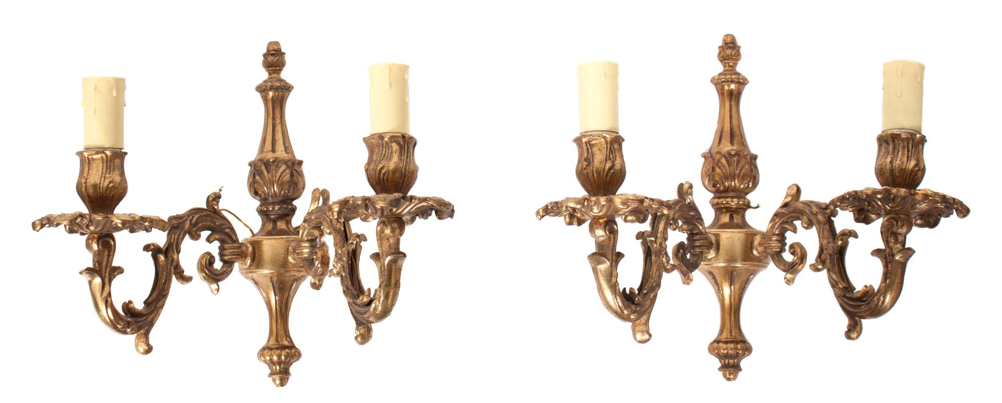 A Pair of French Gilt Metal Two-Light Sconces Height of first 9 3/4 inches. — 20TH CENTURY