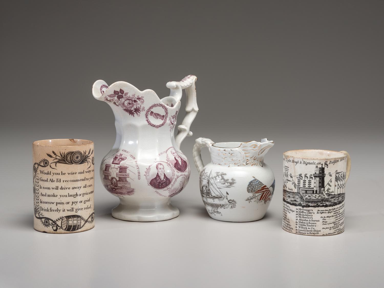 Two Commemorative Creamware Pitchers and Two Ale Mugs