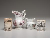 Two Commemorative Creamware Pitchers and Two Ale Mugs