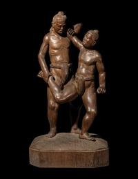 A Large Japanese Carved Wood Figural Group of Wrestlers