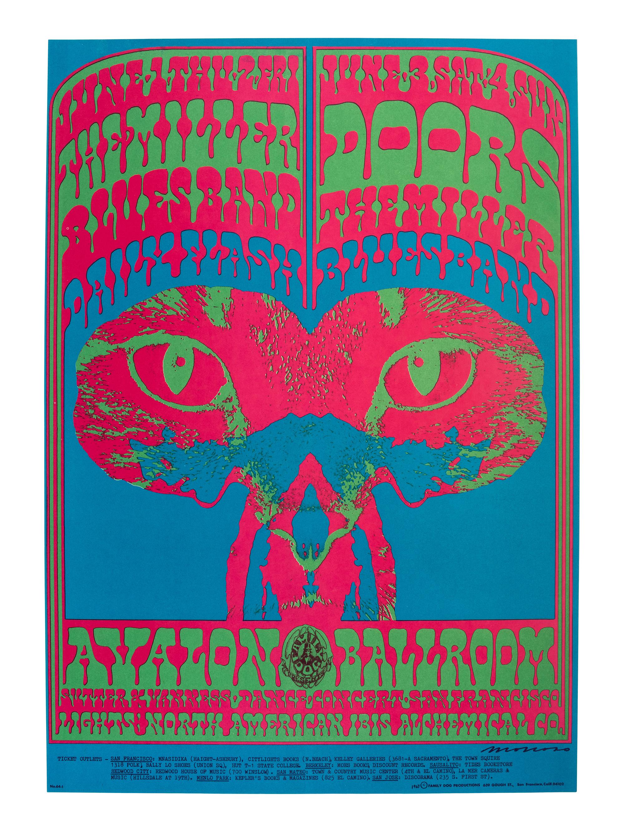 [MUSIC] -- [POSTERS]. MOSCOSO, Victor, artist. The Family Dog Presents the Doors and the Miller Blues Band . San Francisco, CA: Family Dog Productions, 1967.
