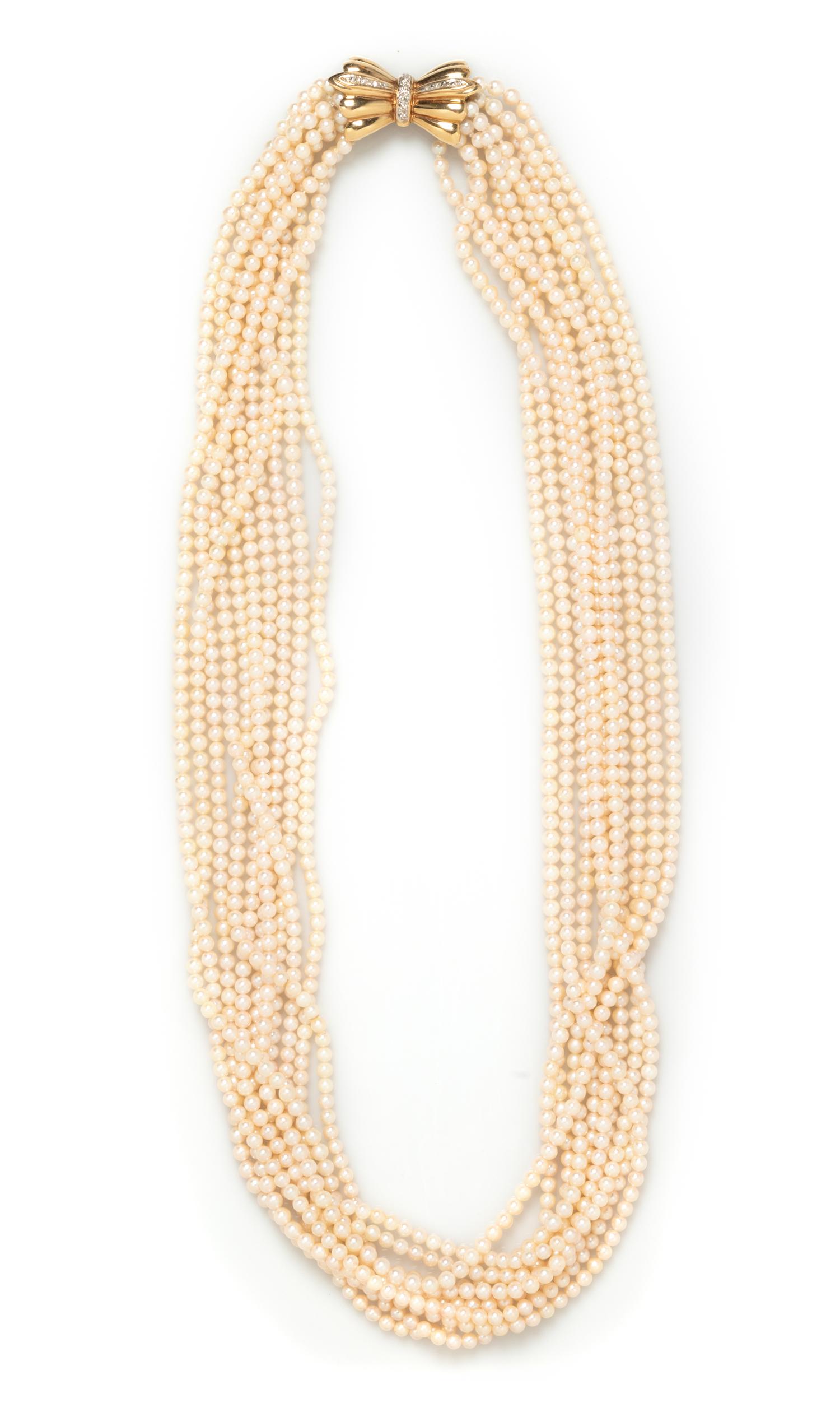 A 14 Karat Yellow Gold, Diamond and Multistrand Cultured Pearl Torsade Necklace,
