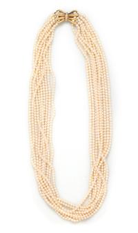 A 14 Karat Yellow Gold, Diamond and Multistrand Cultured Pearl Torsade Necklace,