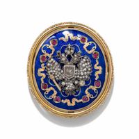 RUSSIAN, ENAMEL, SYNTHETIC RUBY, AND DIAMOND BROOCH