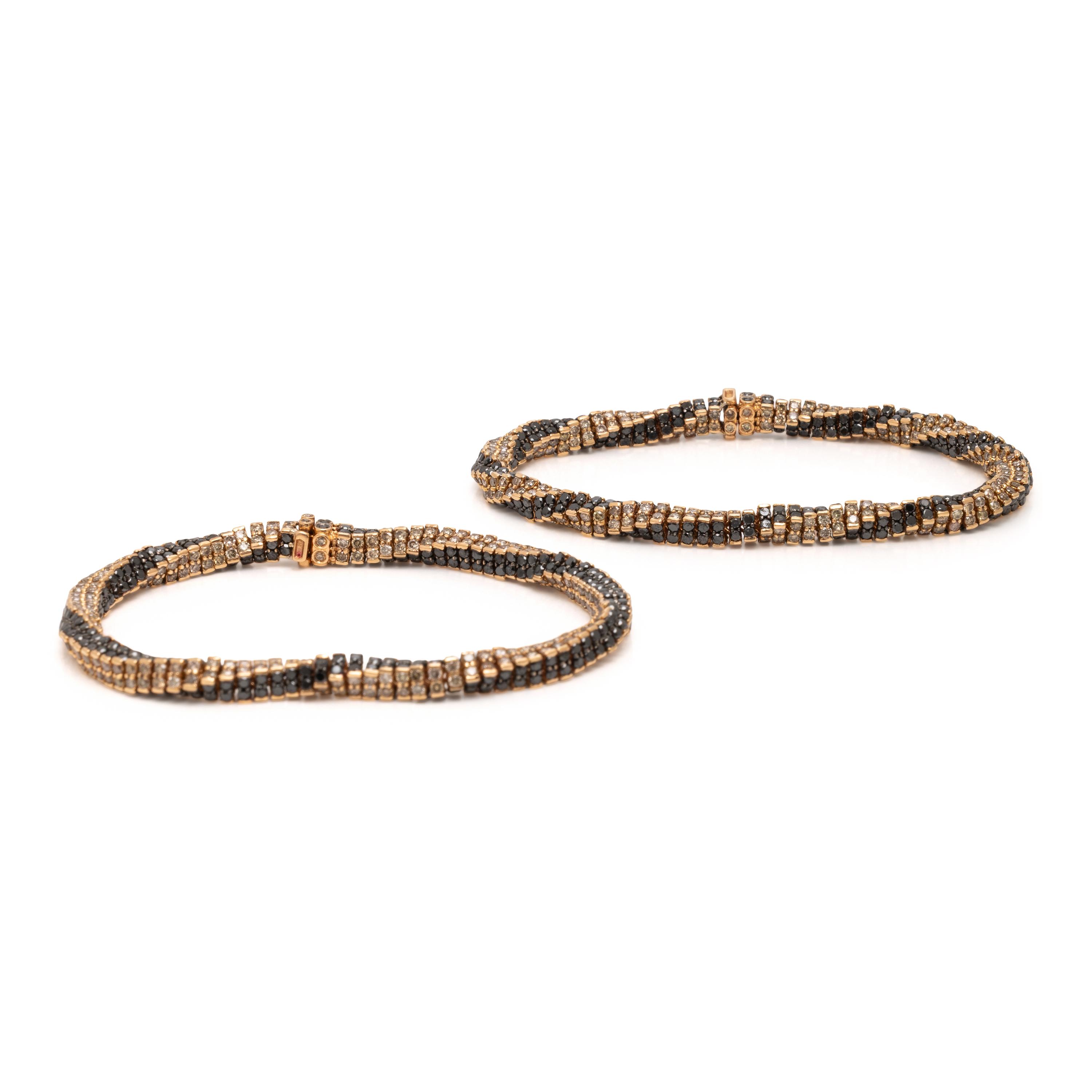 Pair of Rose Gold, Colored Diamond, and Black Diamond Twisted Bracelets