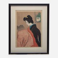 Five Japanese Bijin-ga woodblocks printed in colors 日本浮世绘五幅