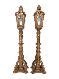 A Pair of Monumental Louis XV Style Elaborately Carved Giltwood Gondola Lanterns