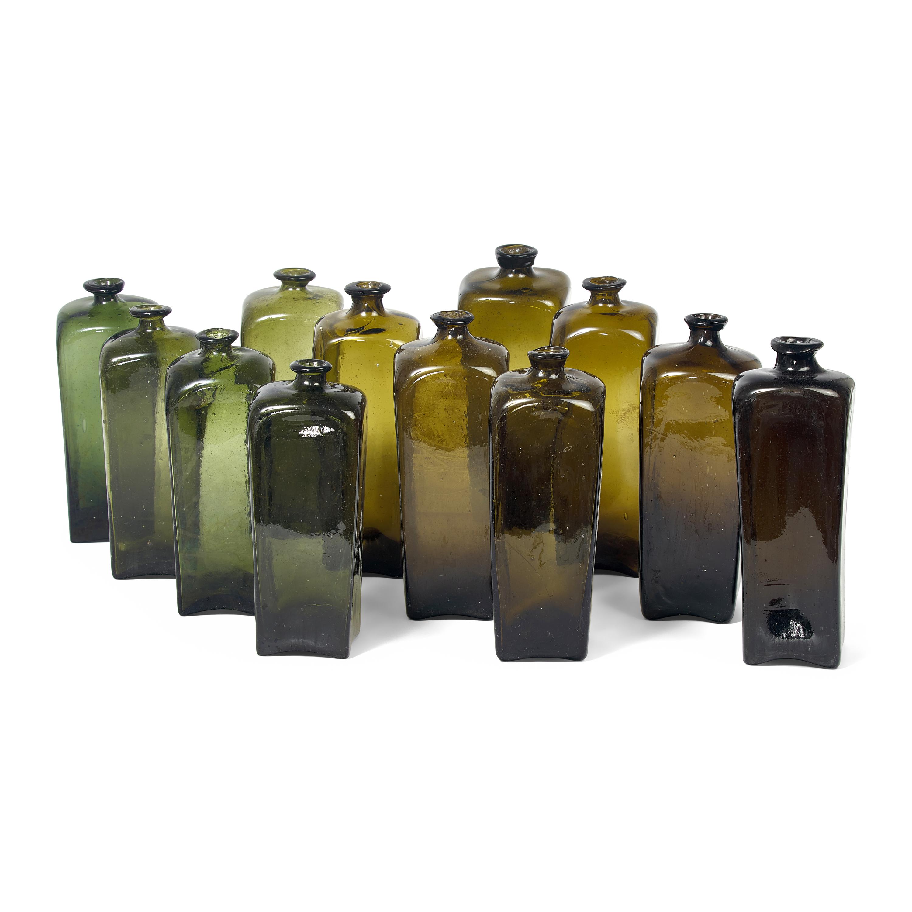 A Federal Blue Painted Bottle Chest with Twelve Glass Bottles