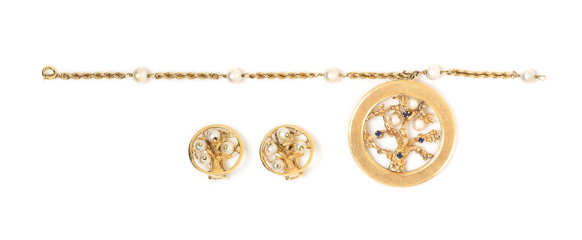 A Collection of Yellow Gold, Cultured Pearl and Sapphire Charm Jewelry, 20.50 dwts.