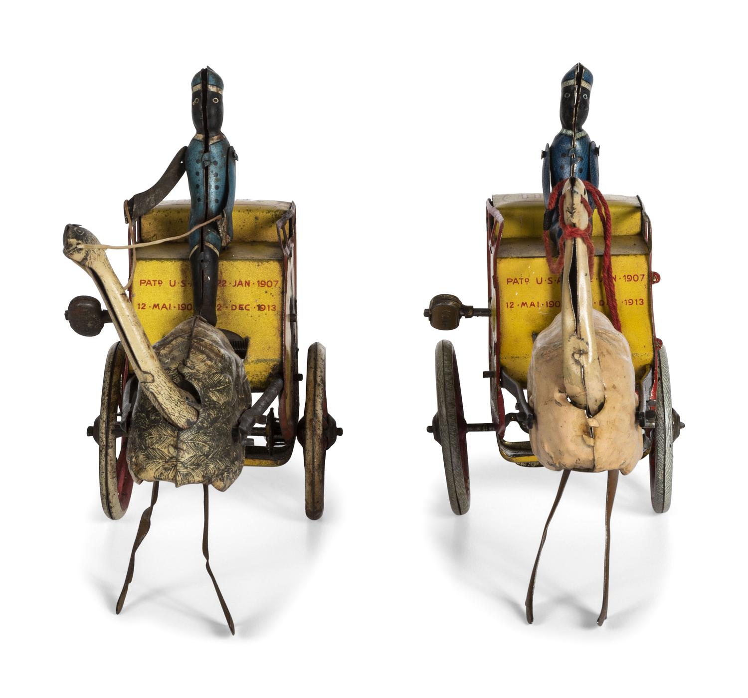Two Lehmann 'Zulu' Tin Lithograph Ostrich Cart Windup Toys