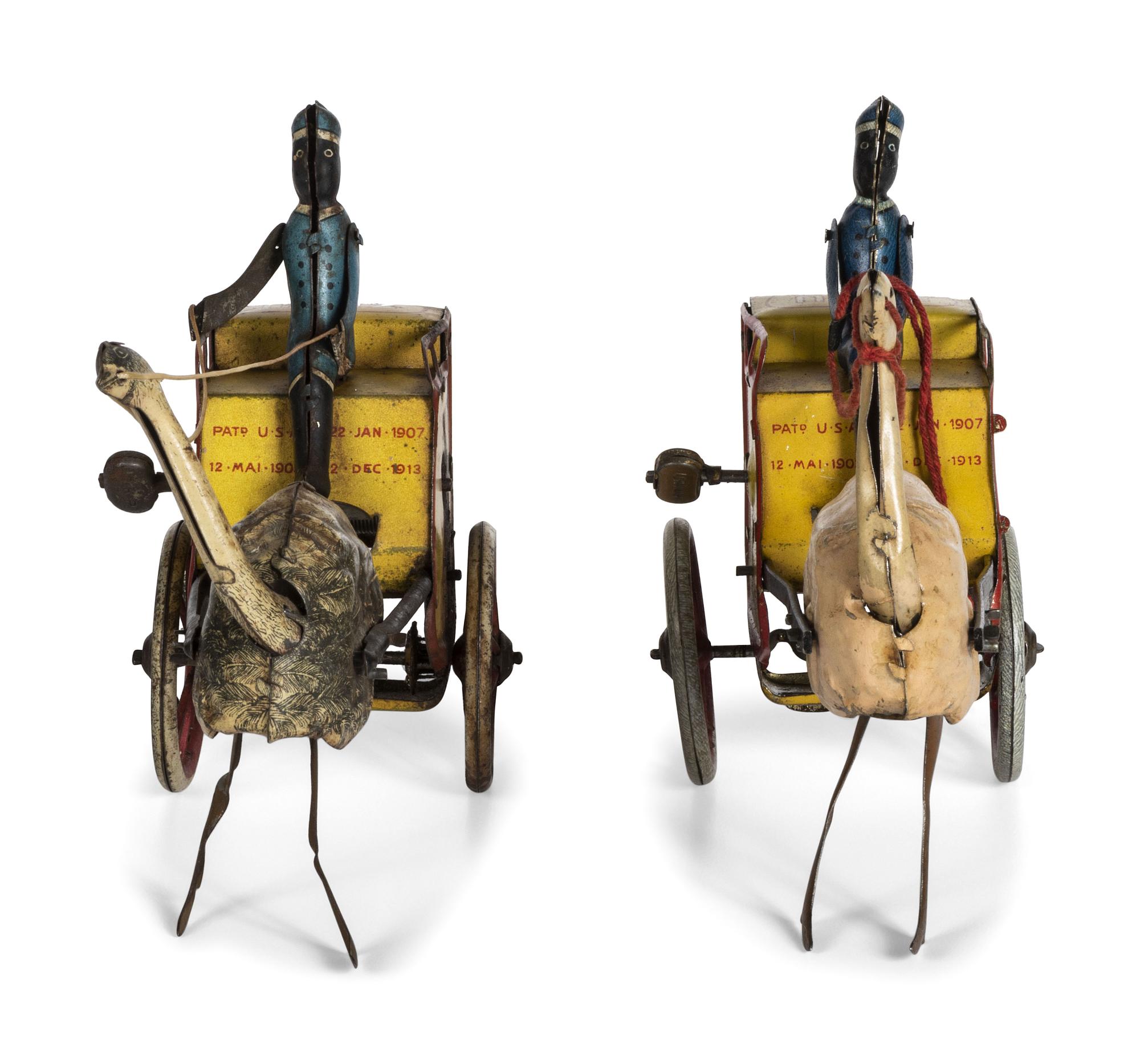 Two Lehmann 'Zulu' Tin Lithograph Ostrich Cart Windup Toys