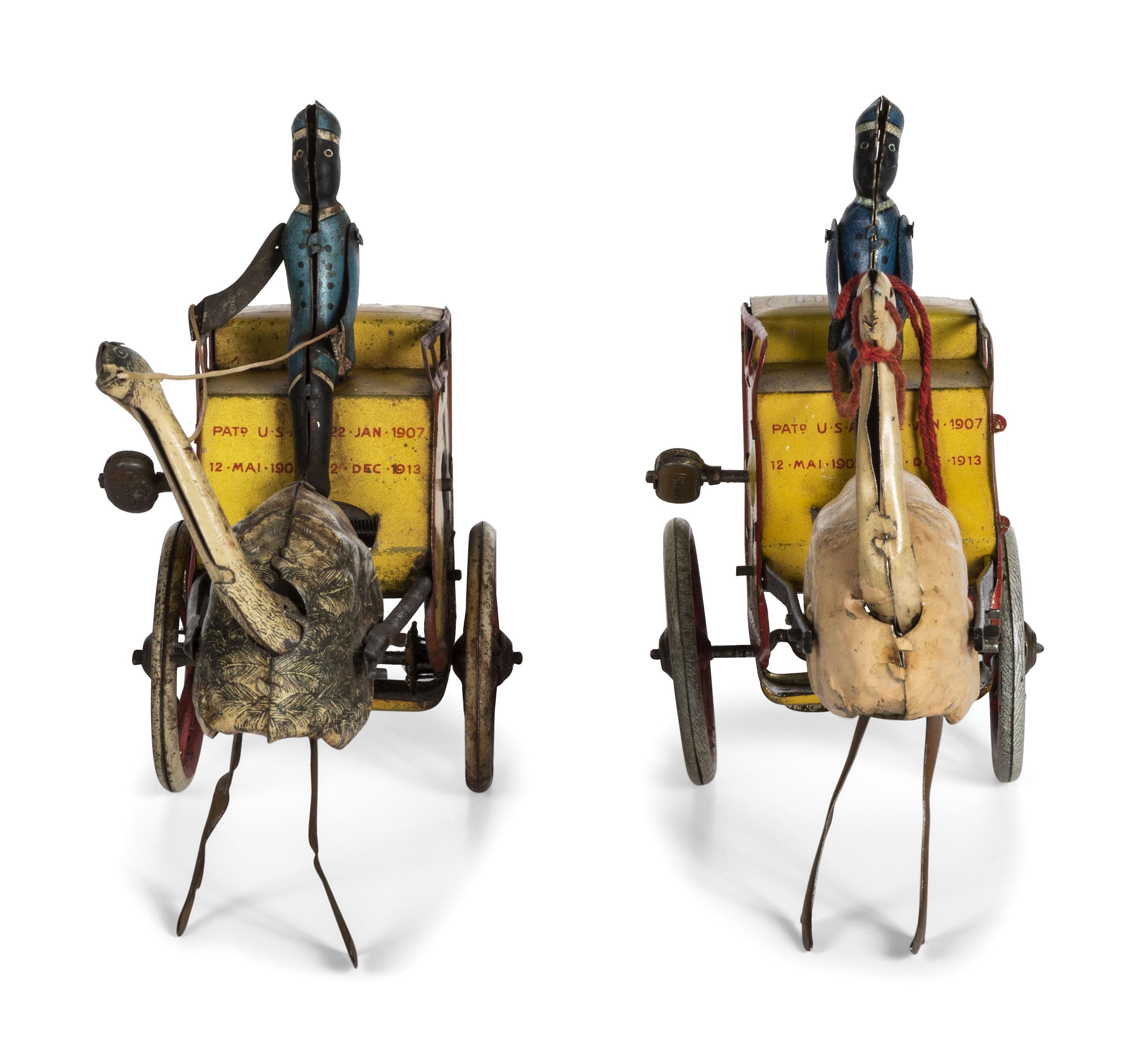 Two Lehmann 'Zulu' Tin Lithograph Ostrich Cart Windup Toys