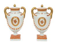 A Pair of Neoclassical Style Porcelain Urns with Bell Flower Swags