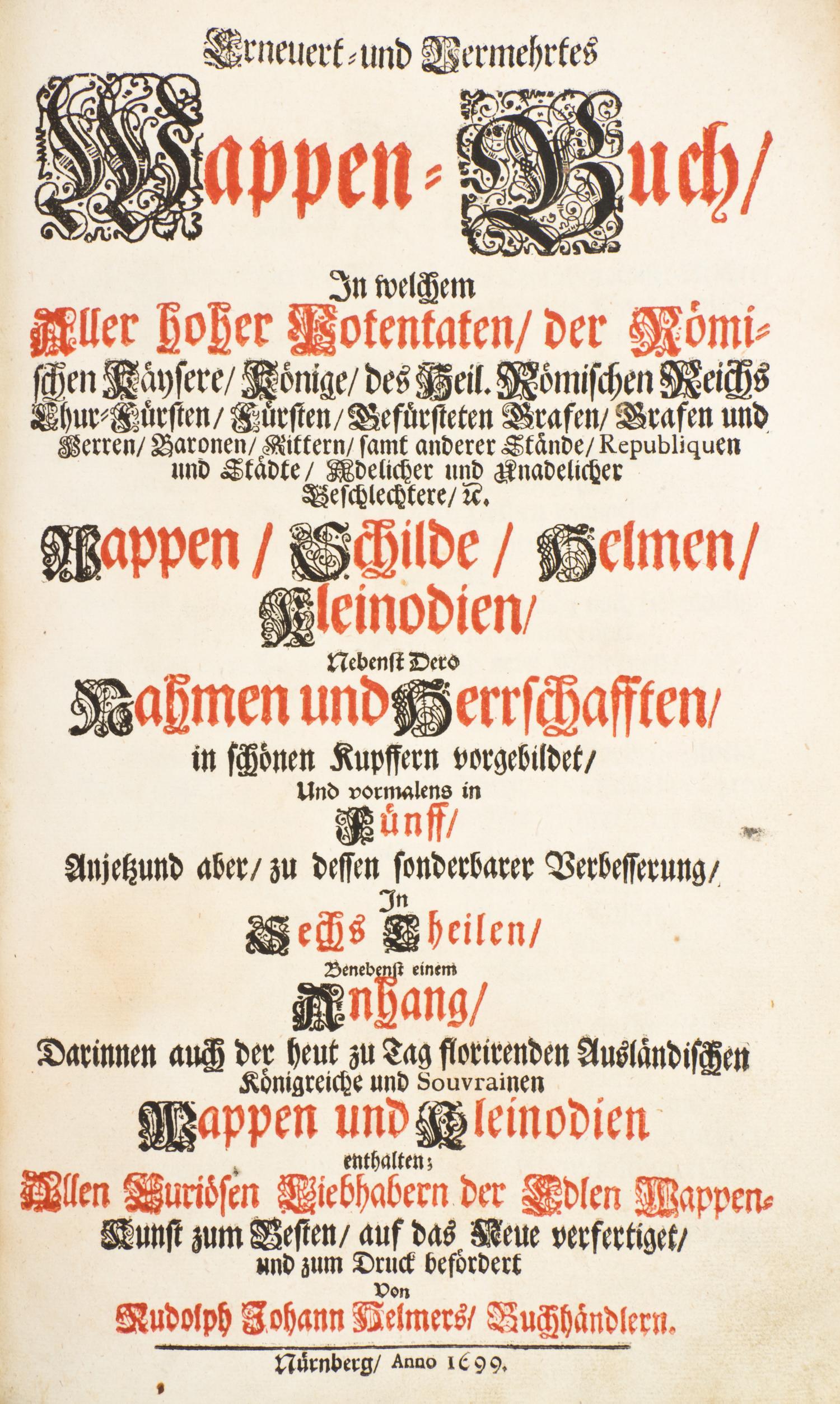 (GENEALOGY) A group of four works pertaining to genealogy, in six vols., together with one other.