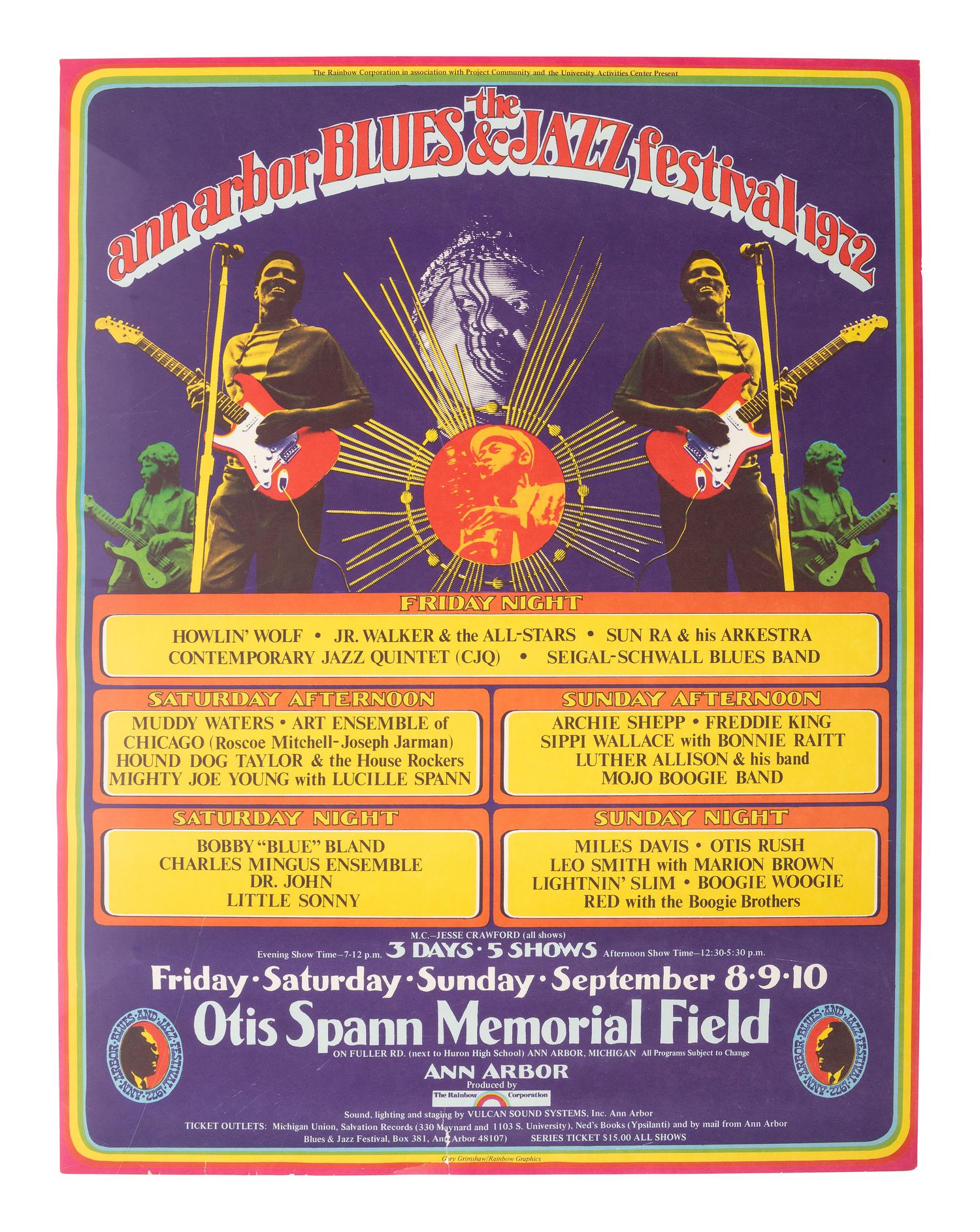 [MUSIC]. A group of 4 items promoting the Ann Arbor Blues and Jazz Festivals in 1970 and 1972, incl. posters, a program and bumper sticker.
