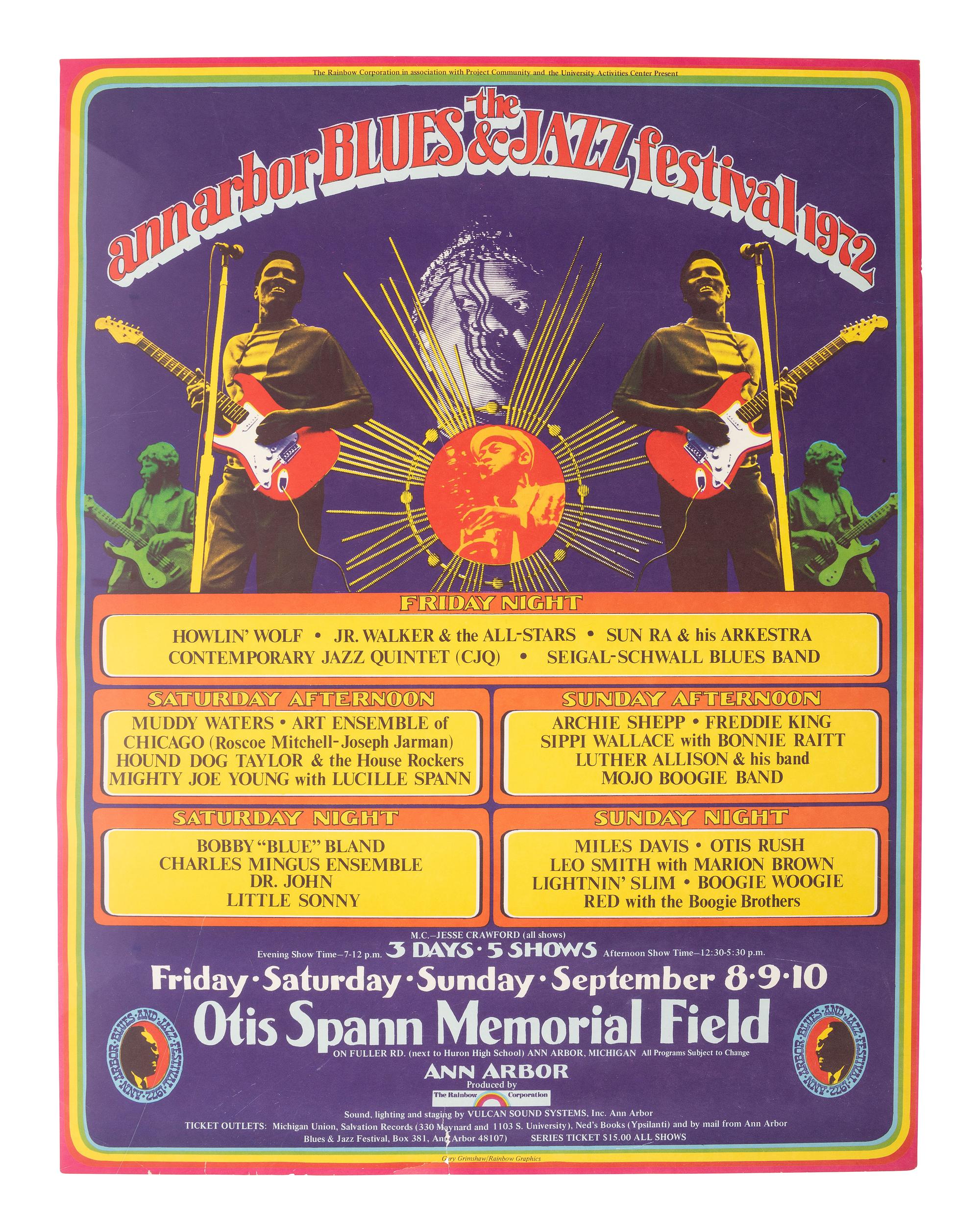[MUSIC]. A group of 4 items promoting the Ann Arbor Blues and Jazz Festivals in 1970 and 1972, incl. posters, a program and bumper sticker.