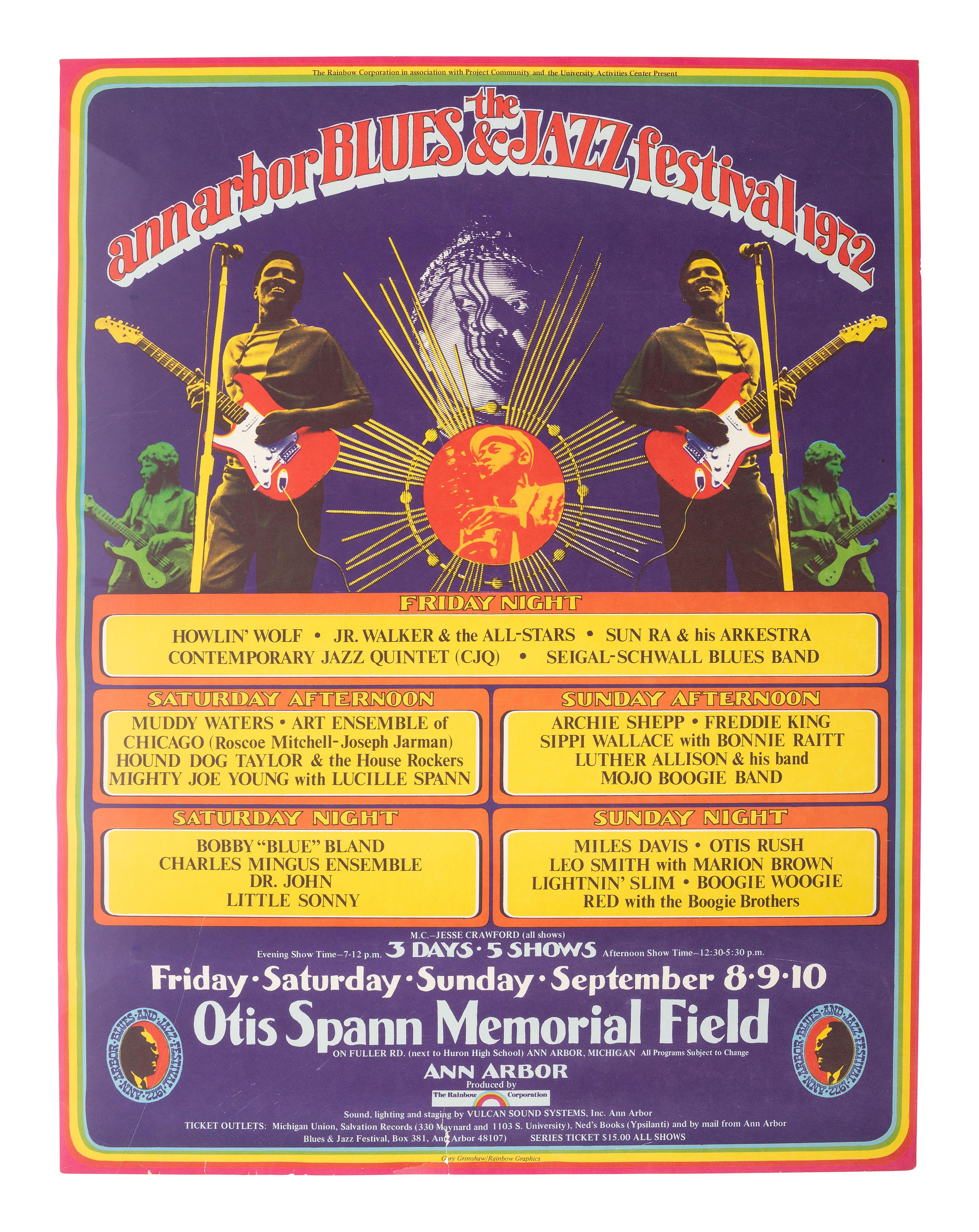 [MUSIC]. A group of 4 items promoting the Ann Arbor Blues and Jazz Festivals in 1970 and 1972, incl. posters, a program and bumper sticker.