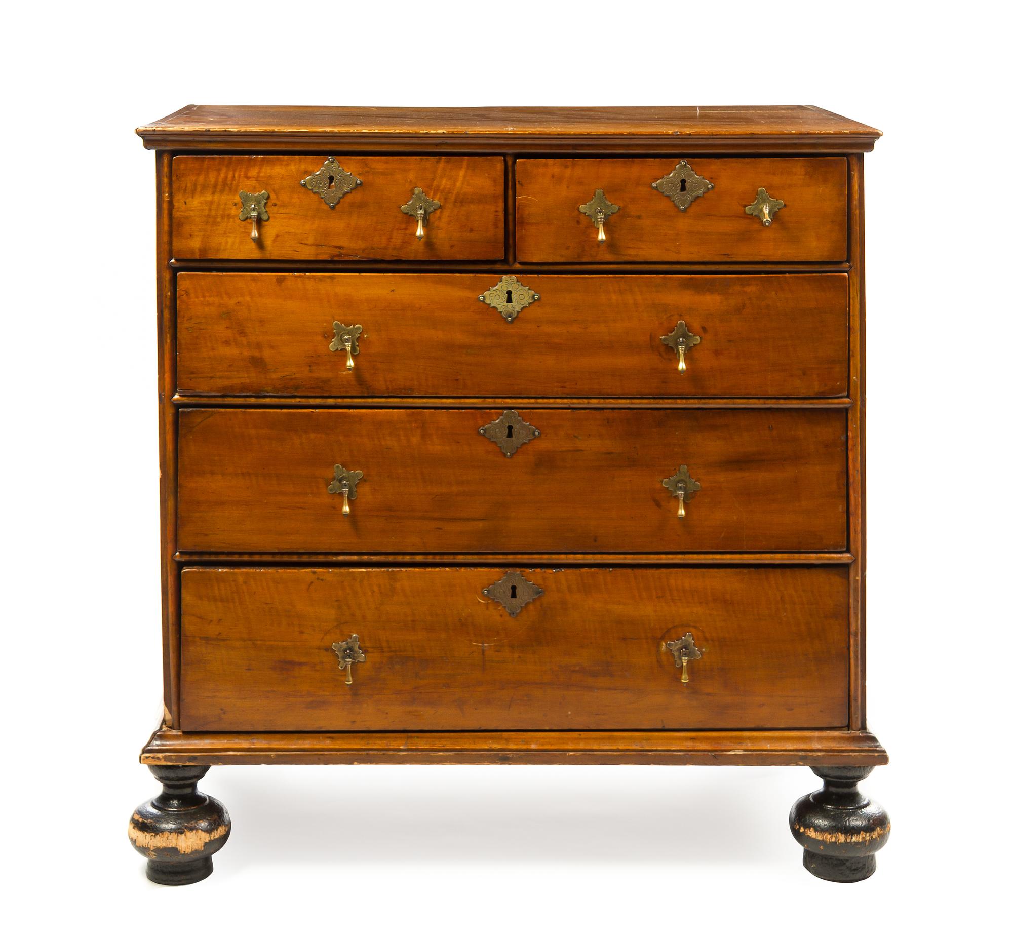 An English Mahogany Chest of Drawers Height 36 1/4 x width 35 1/2 x depth 20 1/4 inches. — 19TH CENTURY INCORPORATING EARLIER ELEMENTS
