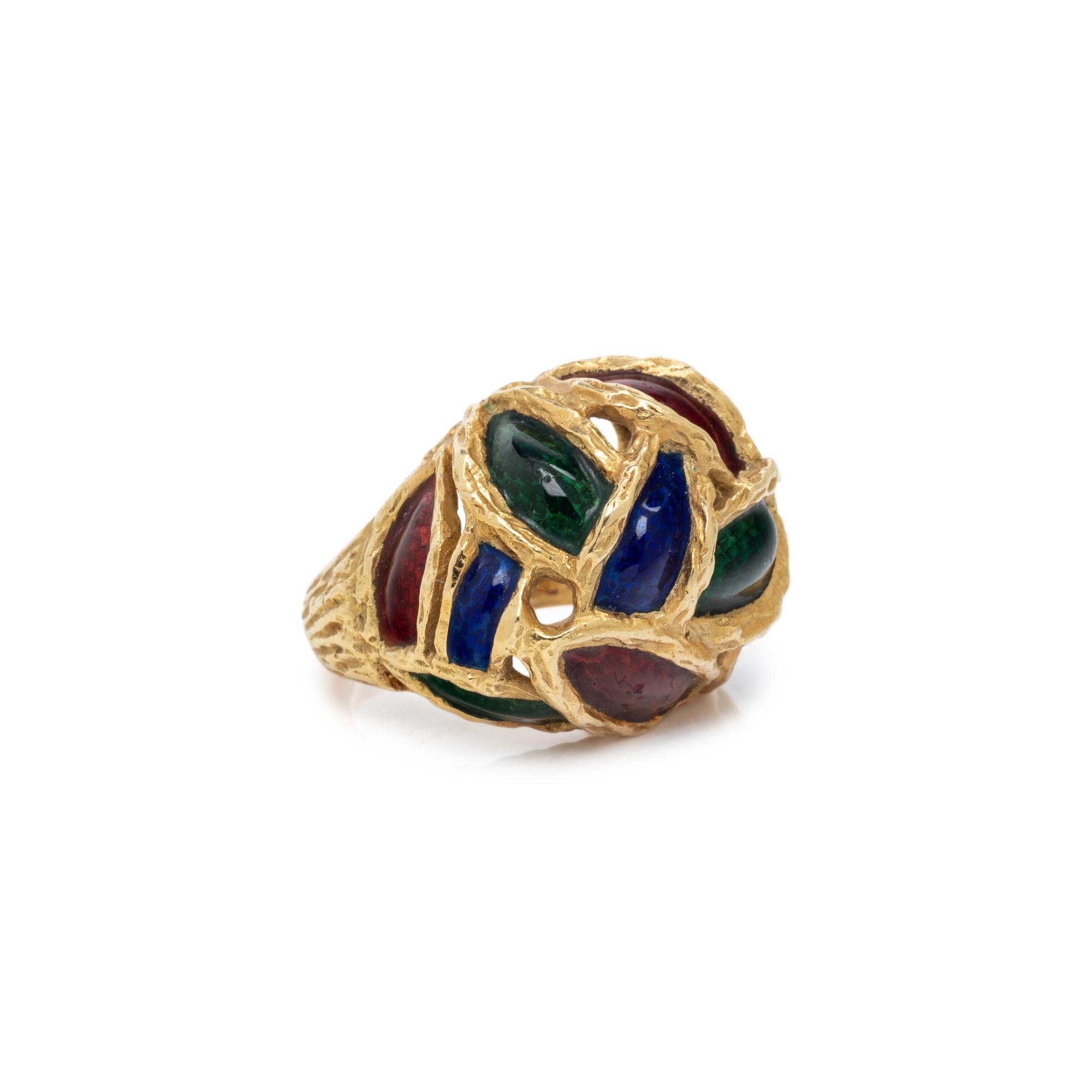 YELLOW GOLD AND POLYCHROME ENAMEL BOMBE RING