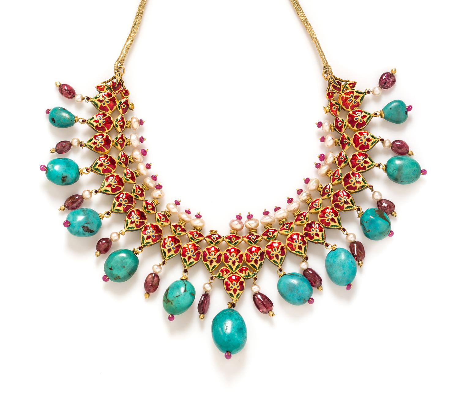 Diamond, Ruby, Turquoise, Cultured Pearl and Polychrome Enamel Demi-Parure