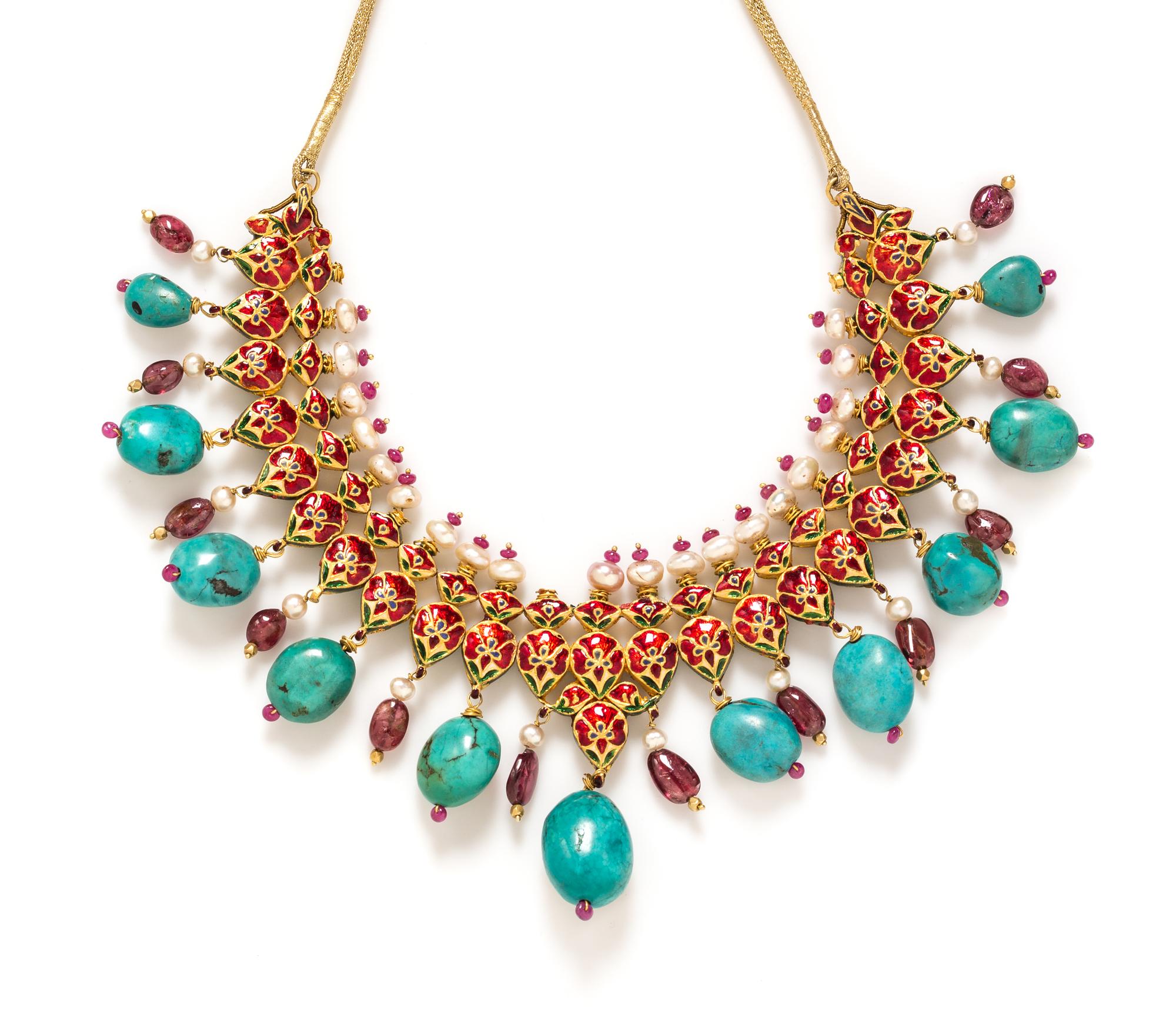Diamond, Ruby, Turquoise, Cultured Pearl and Polychrome Enamel Demi-Parure