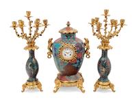A French Gilt Bronze and Cloisonné Japonisme Clock Garniture