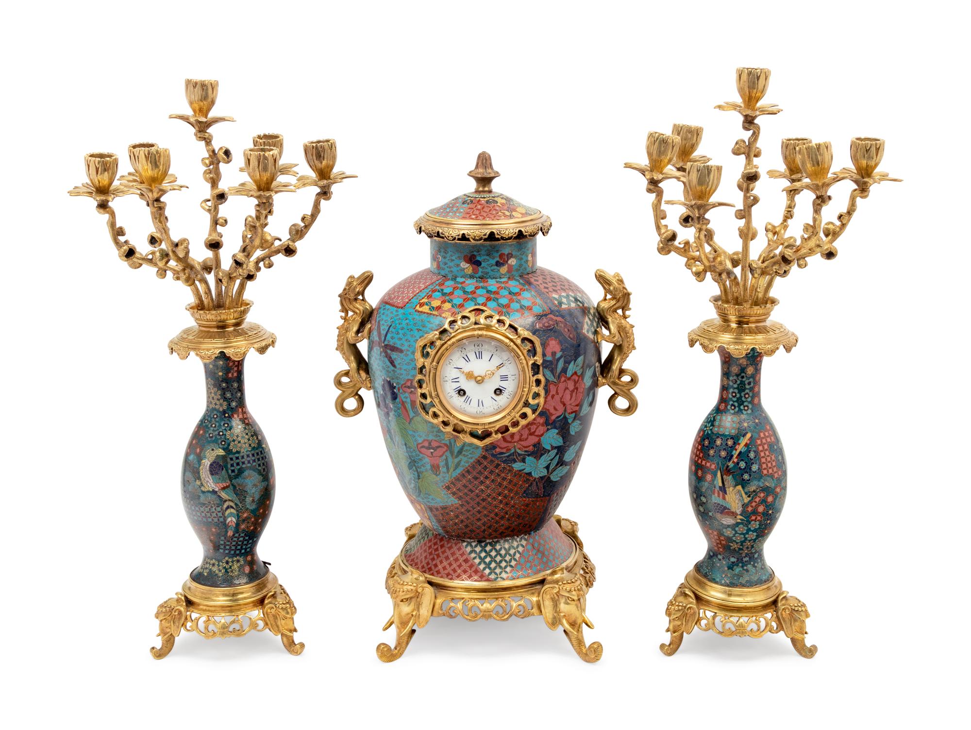 A French Gilt Bronze and Cloisonné Japonisme Clock Garniture