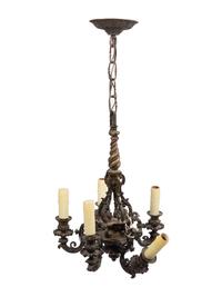 A Pair of Continental Bronze Five-Light Chandeliers
