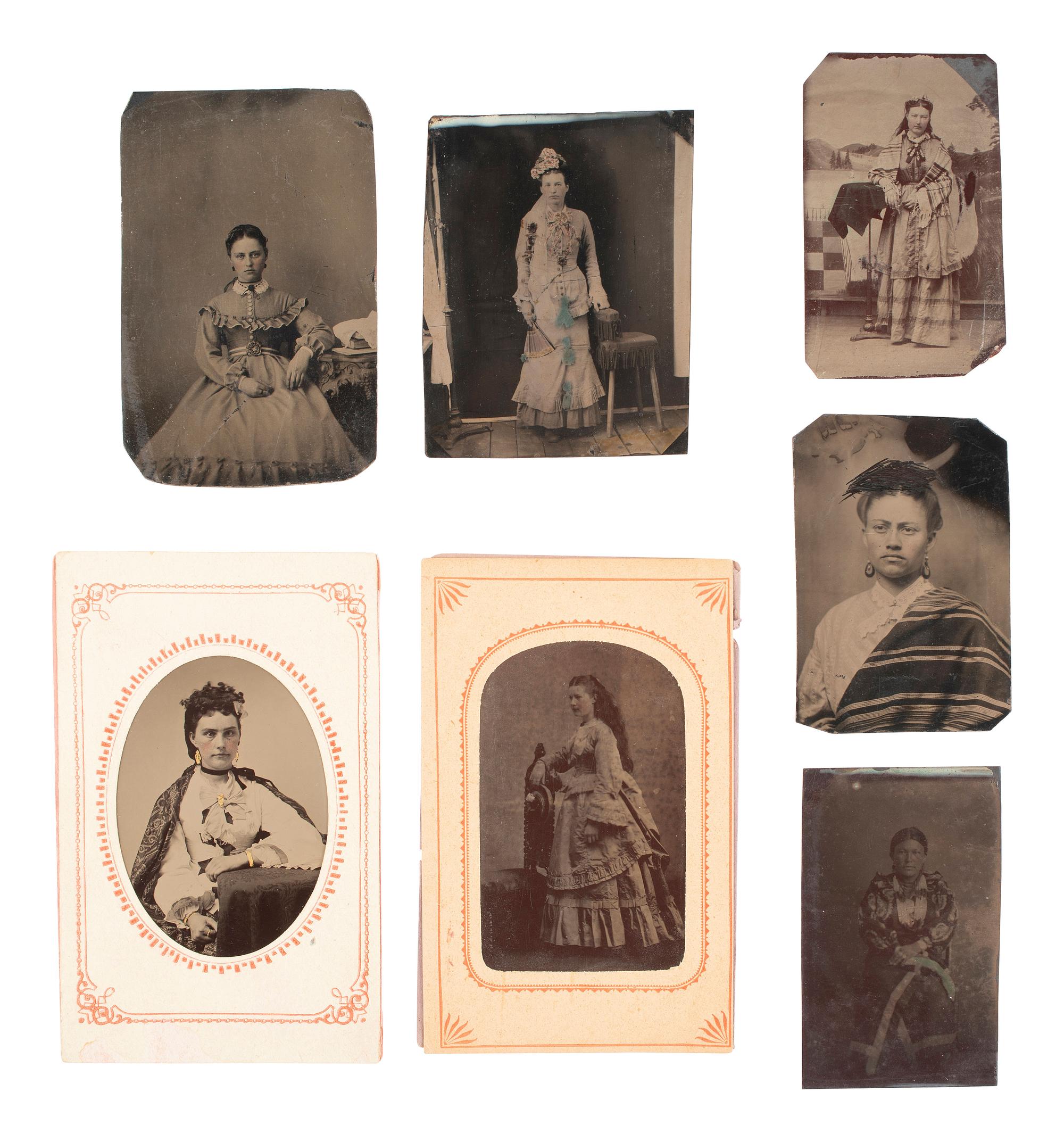 [WESTERN AMERICANA] 16 tintypes of "western" women incl. armed character and Native American subject