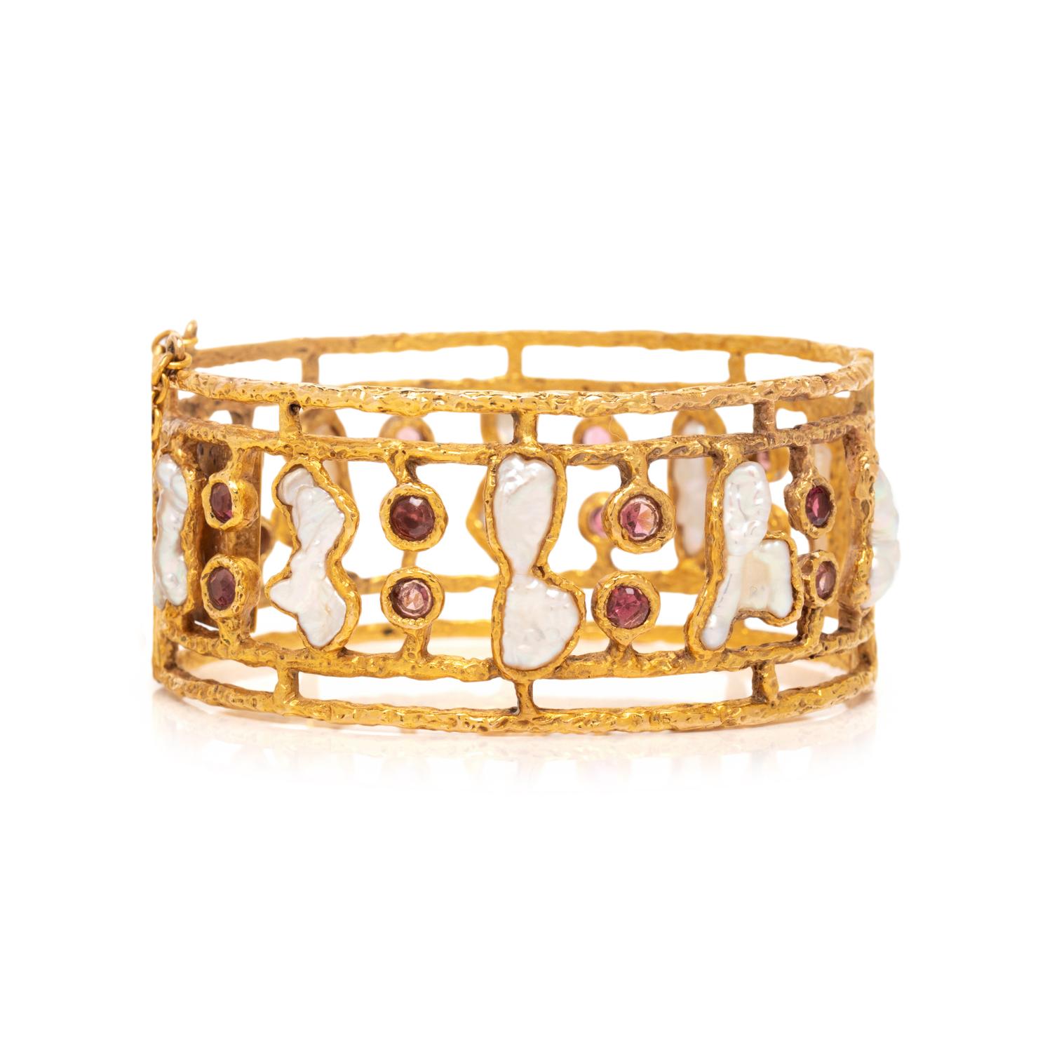 YELLOW GOLD, CULTURED PEARL, AND PINK TOURMALINE BANGLE BRACELET