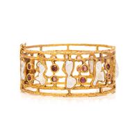 YELLOW GOLD, CULTURED PEARL, AND PINK TOURMALINE BANGLE BRACELET
