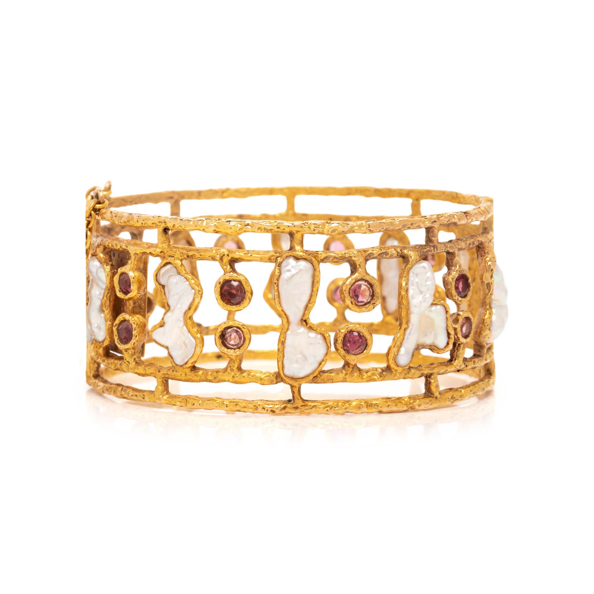 YELLOW GOLD, CULTURED PEARL, AND PINK TOURMALINE BANGLE BRACELET