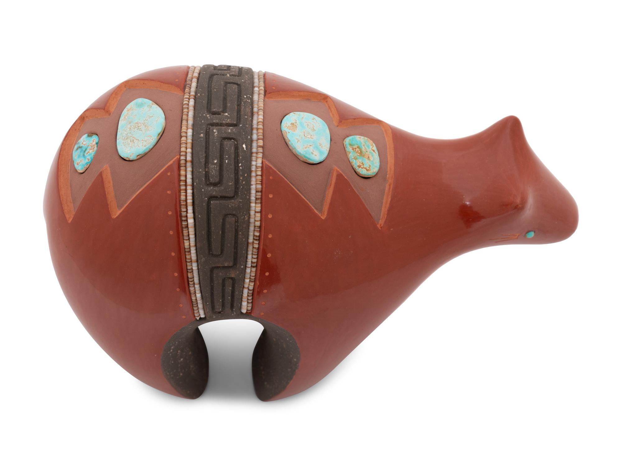 Redware Pottery Bear, with Turquoise and Heishi