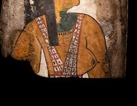 An Egyptian Polychrome Wood Fragment of a Sarcophagus with Isis