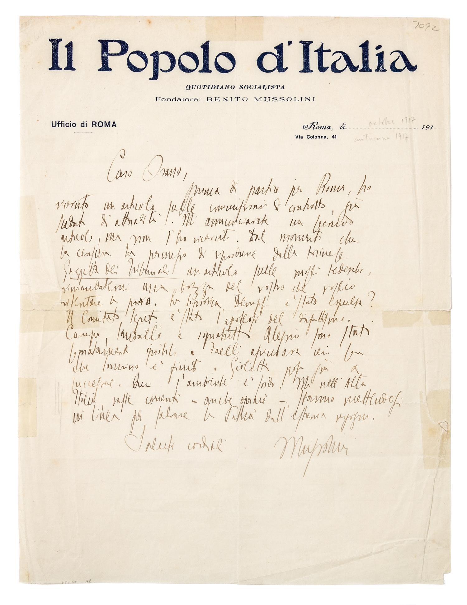 MUSSOLINI, Benito (1883-1943). Autograph letter signed ("Mussolini"), in Italian, to Paolo Orano. Rome, [October 1917].